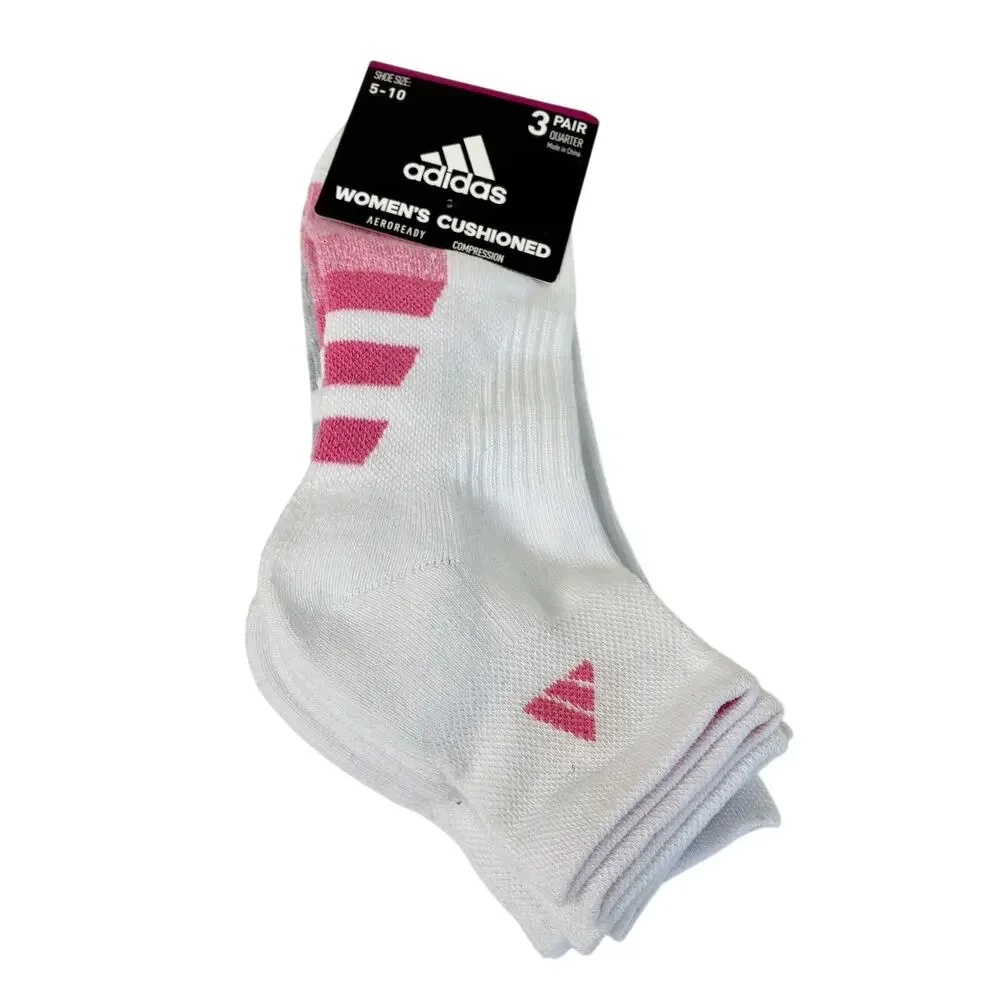 Adidas 3 Pair Quarter Womens Cushioned Socks AeroReady Compression NWT Sz 5-10